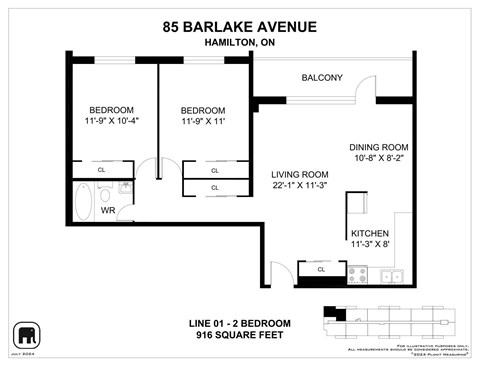 A floor plan for a home at 85 Barlake Avenue in Hamilton, ON, showing two bedrooms, a living room, a dining room, a kitchen, and a balcony.